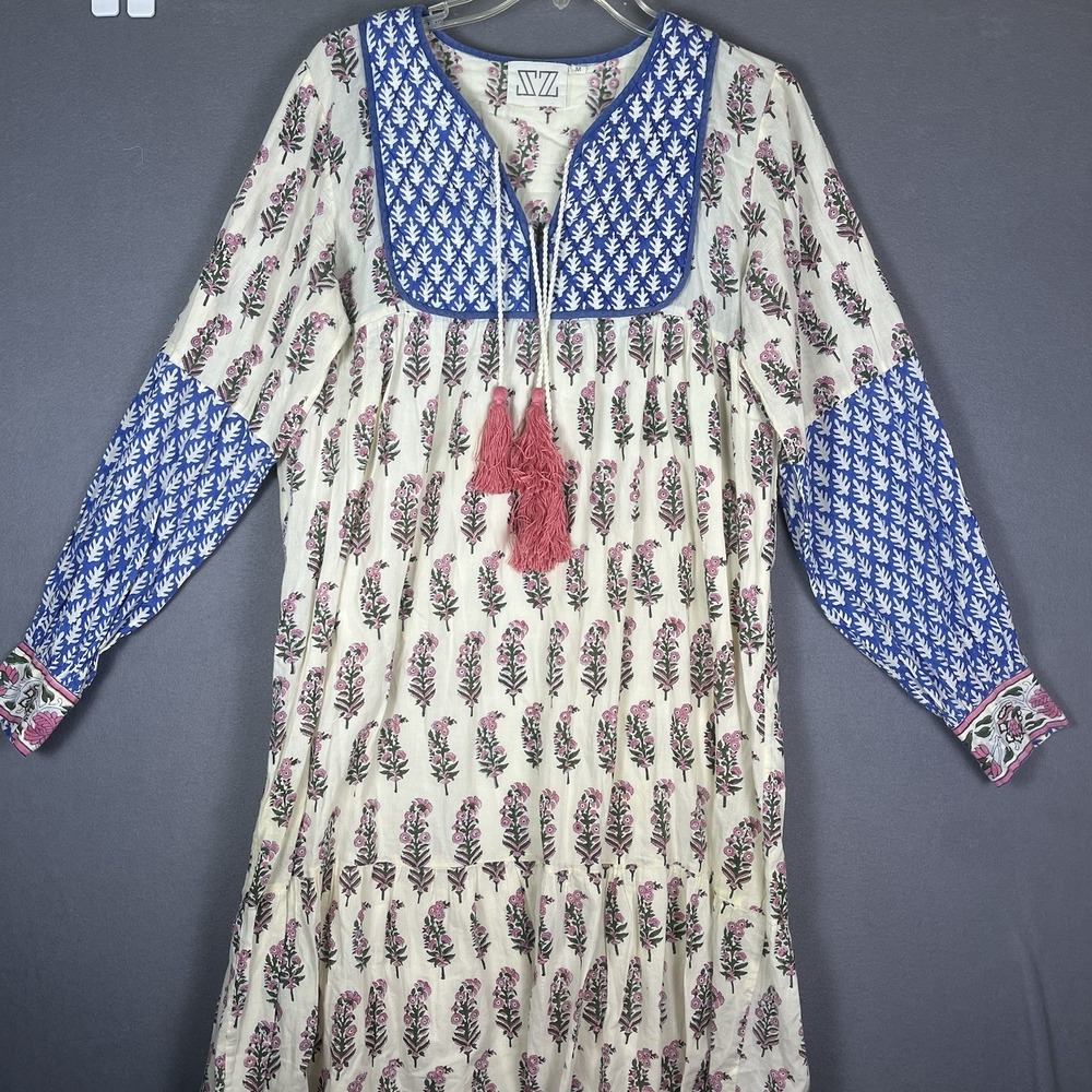 SZ Blockprints Tunic Dress M Medium Blue Pink Floral Hand Block Print Cotton
